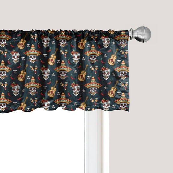 Ambesonne Mexican Window Valance, Skull Sombrero Chili, 42" x 12", Multicolor