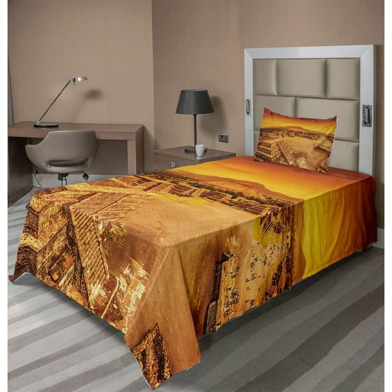 Ambesonne Mexico Fitted & Top Sheet Set with Sham, Dead Ruins of Aztec Mayan, Orange Amber