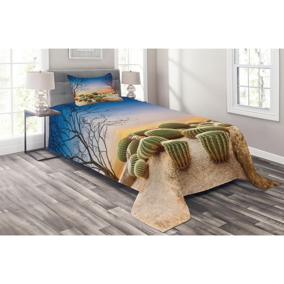 Ambesonne Mexico Quilted Coverlet 2 Pcs, Cactus Balls on Mountain, Twin Size, Multicolor