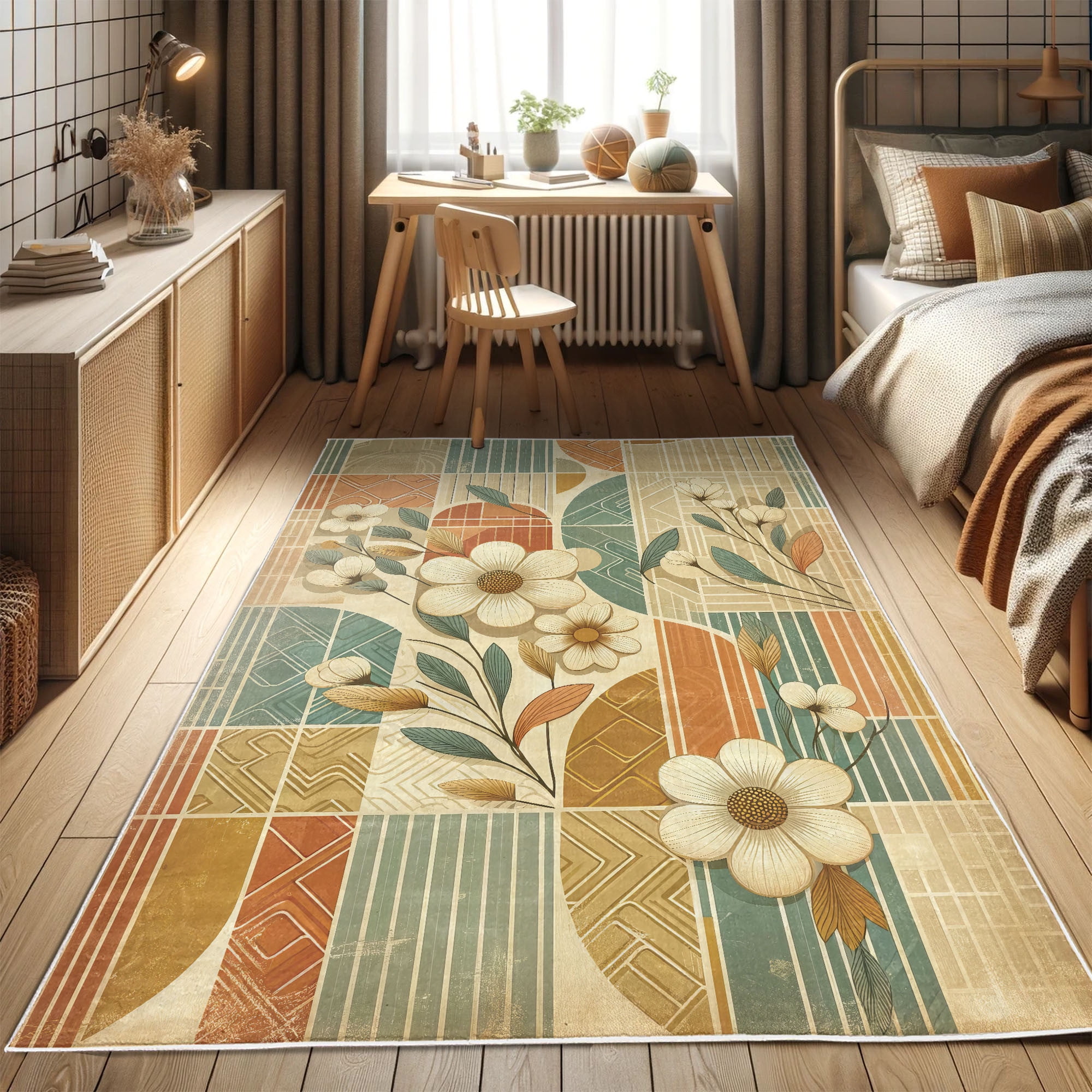 Pale Teal and Salmon Floral Synthetic Area Rug 2'5" x 5'