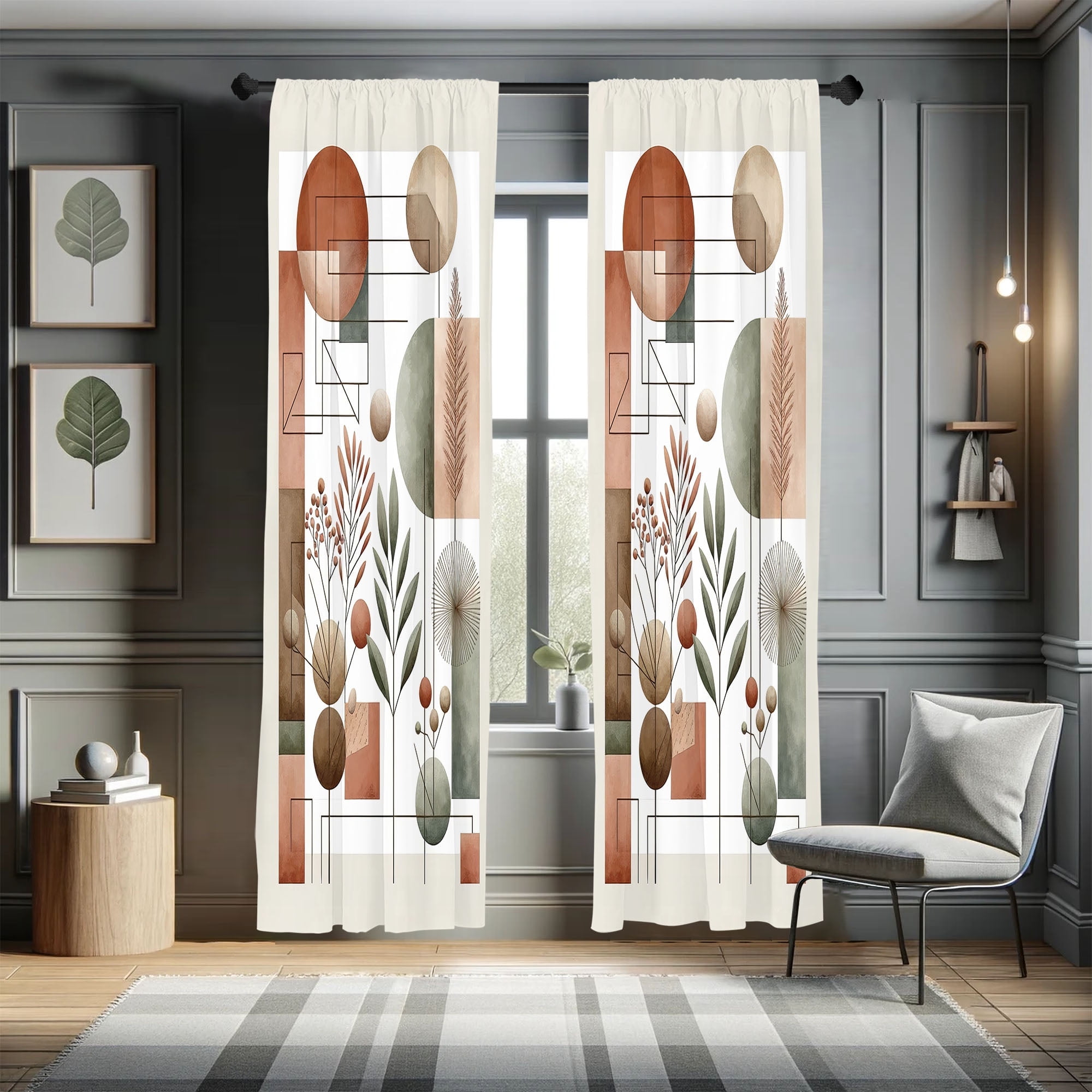 Modern Boho Geometric Leafy Branches Blue Cinnamon 84" Curtains