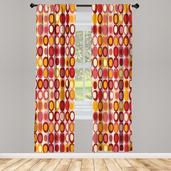 Ambesonne Mid Century Curtains, Retro Round Mosaic Art, Pair of 28"x63", Marigold Coral