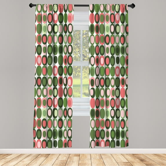 Ambesonne Mid Century Curtains, Retro Round Mosaic Art, Pair of 28"x95", Olive Green