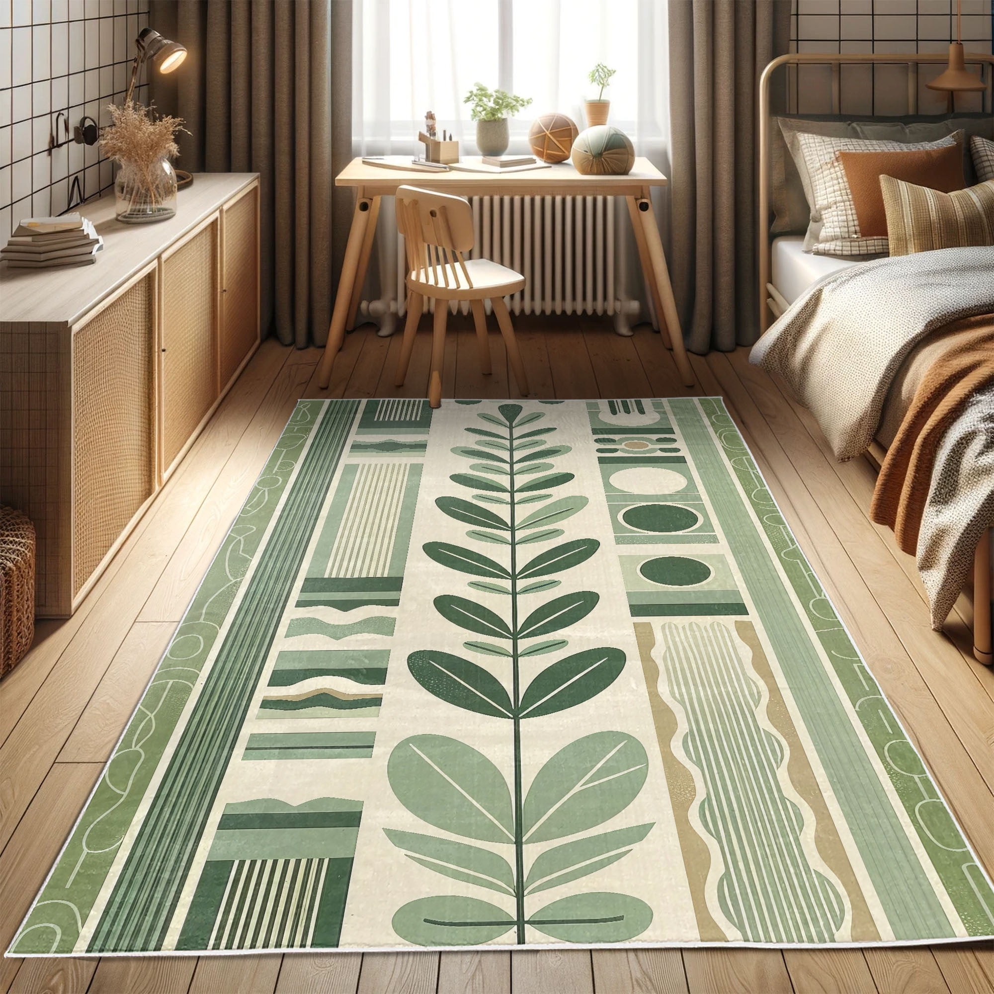 Olive Green and Ivory Synthetic Botanical Area Rug 2'5" x 5'