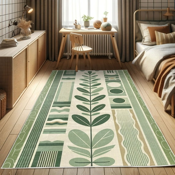 Ambesonne Mid Century Decorative Rug Carpet, Modern Botanical Simple, 2' 5" x 5', Olive Green Ivory