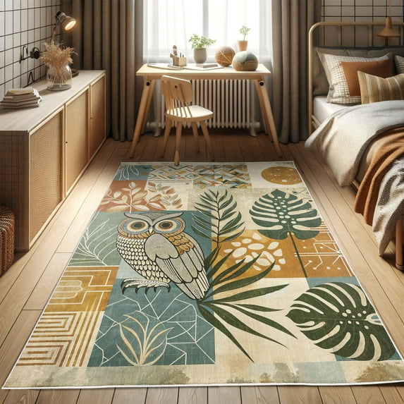 Ambesonne Mid Century Decorative Rug Carpet, Tropical Leaves Owl, 4' X 5' 5", Jade Green Amber Sea Blue
