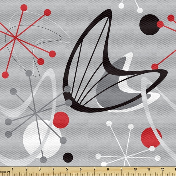 Ambesonne Mid Century Fabric by the Yard Upholstery, Atomic 50s Design, 10 Yards, Black Grey and Red