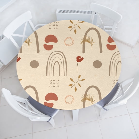 Ambesonne Mid Century Fitted Round Tablecloth, Rainbows Boho Modern, 45"- 56" Diameter, Eggshell Dried Rose Grey