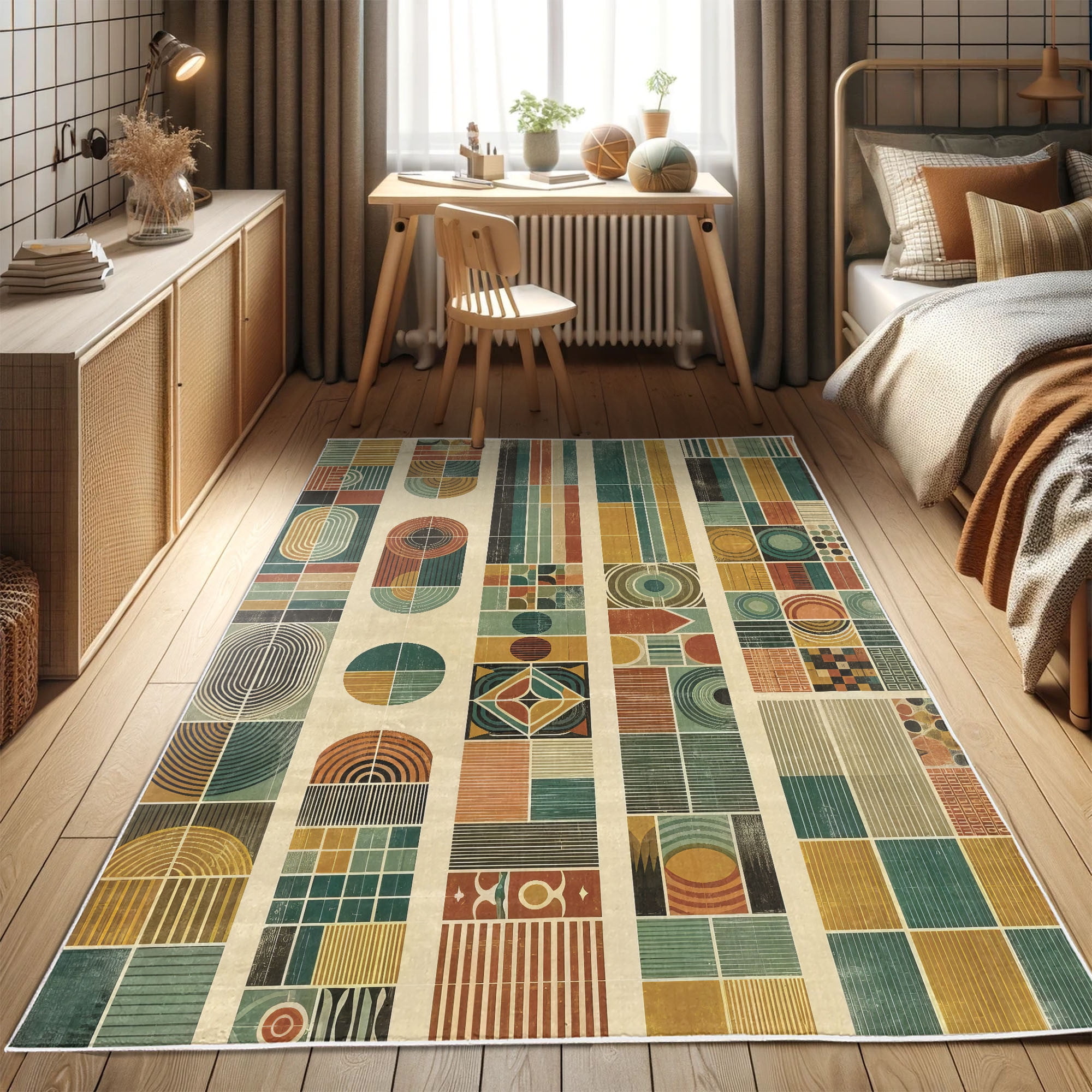Mid-Century Modern Geometric Multicolor Synthetic Area Rug 2' 5" x 5'