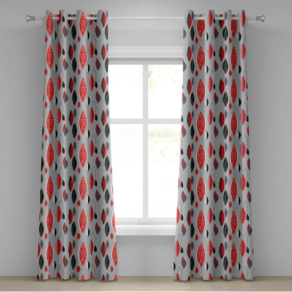 Ambesonne Mid Century Grommet Curtain, Abstract Oval Leaf, 50" x 84", Red Black Pale Grey