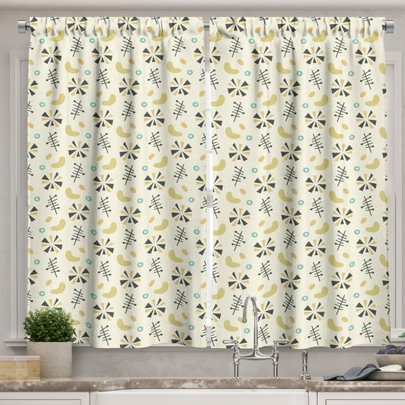 Ambesonne Mid Century Kitchen Curtains, Abstract Motifs Image, 55"x24", Ivory and Multicolor