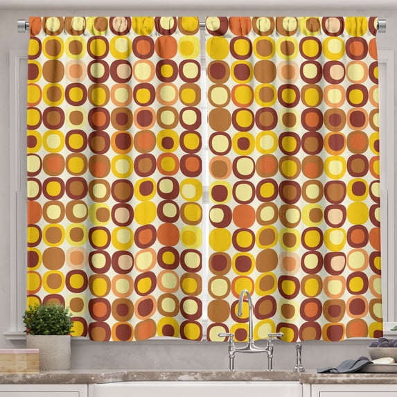 Ambesonne Mid Century Kitchen Curtains, Design Retro Square, 55"x39", Brown Yellow Coral
