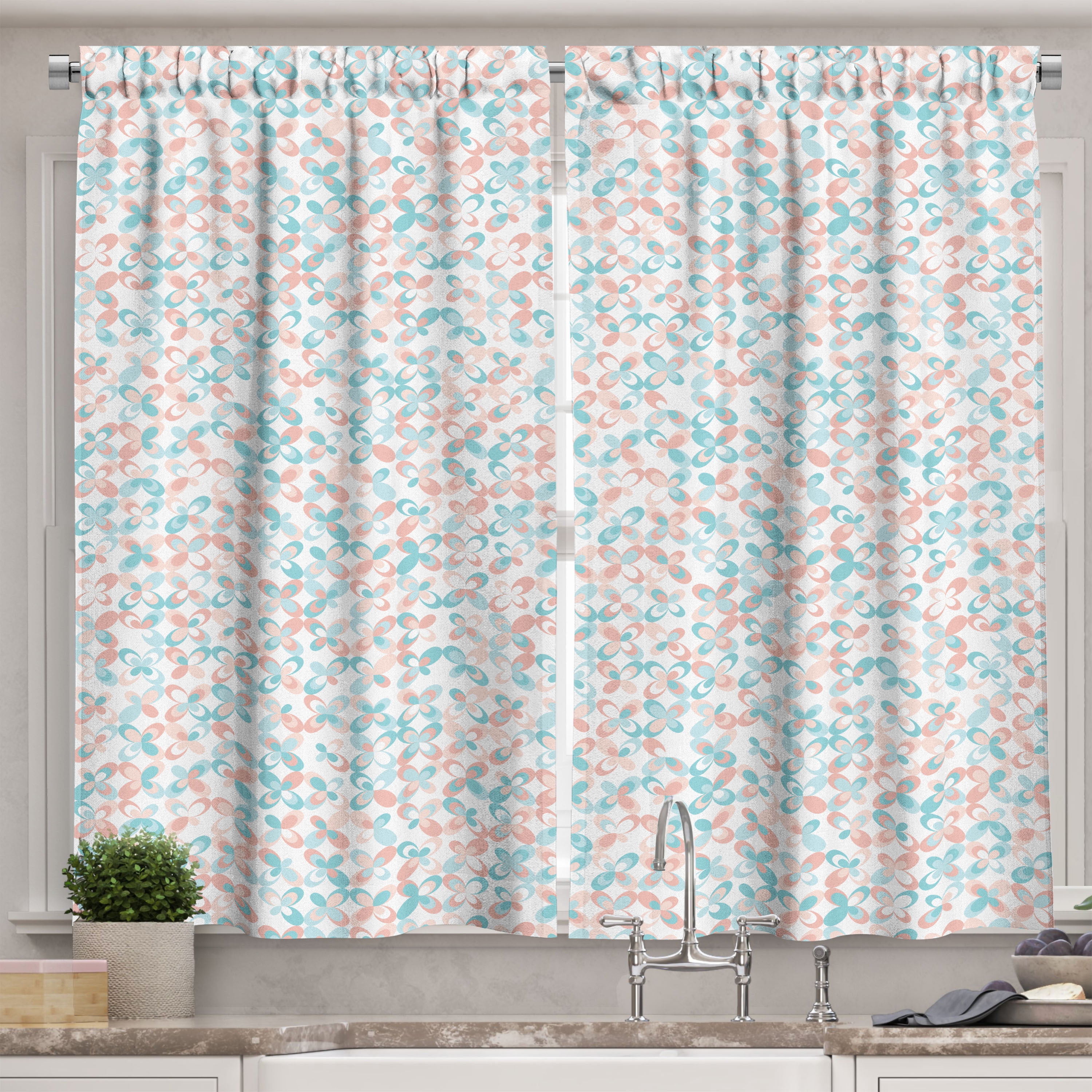 Ambesonne Mid Century Kitchen Curtains, Floral Shaped Motifs, 55"x39 ...