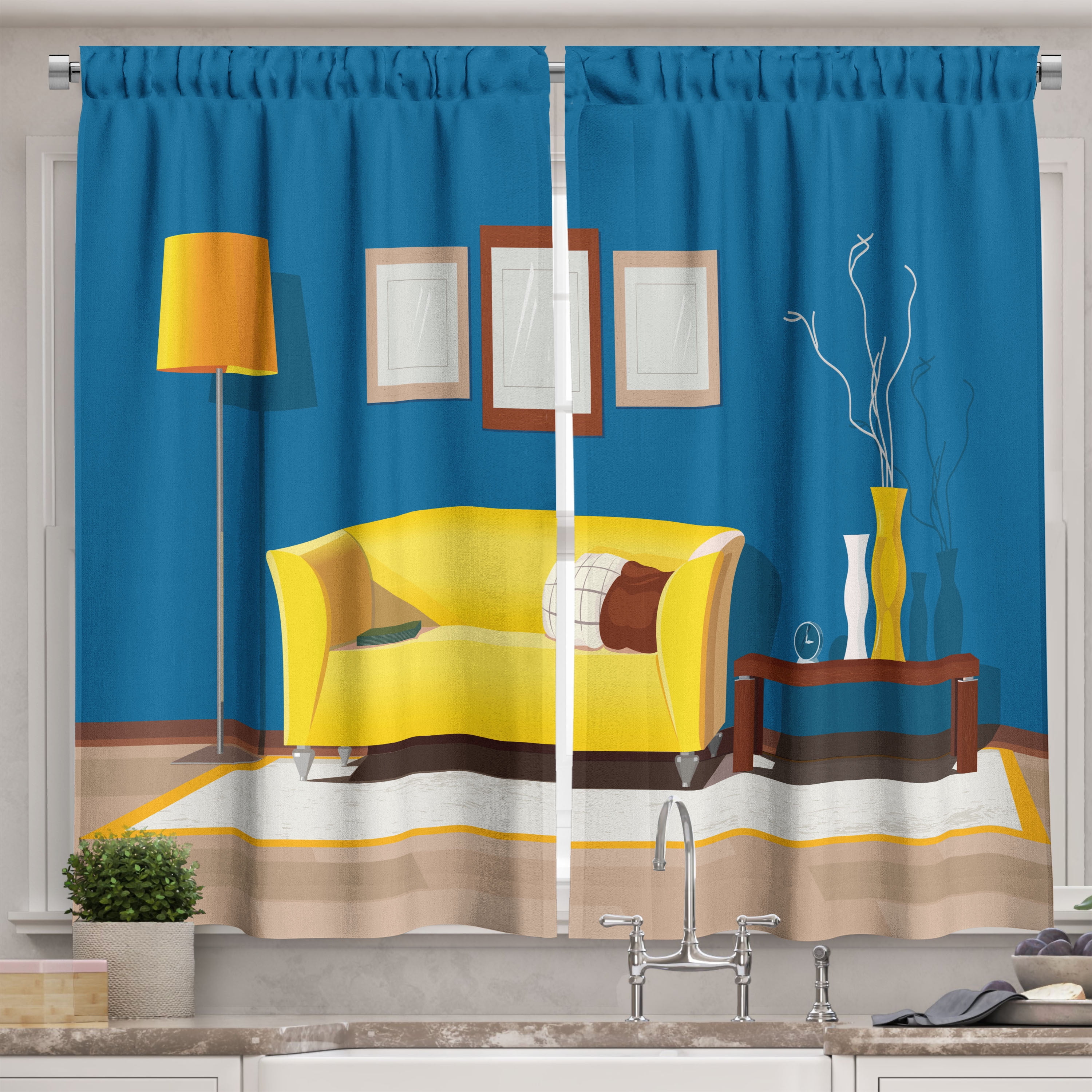 Ambesonne Mid Century Kitchen Curtains, Minimal Art Style House, 55"x45 ...