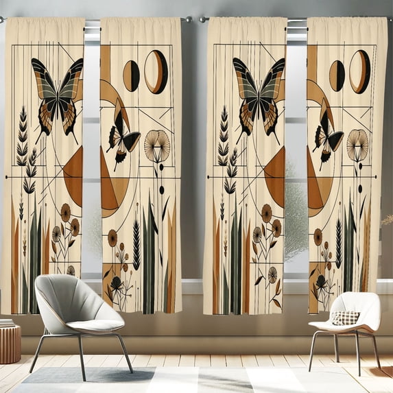 Ambesonne Mid Century Modern 4-Panel Curtains, Esoteric Rounds, 56"x84", Grey Yellow Pale Brown