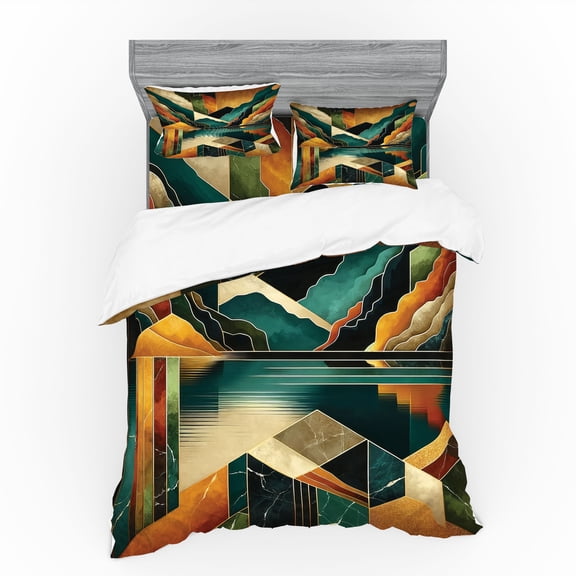 Ambesonne Mid Century Modern Bedding Set 4 Pcs, Lake Mountains, Queen, Ginger Dark Teal