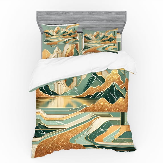 Ambesonne Mid Century Modern Boho Bedding Set 4 Pcs, Landscape, Calking, Amber Teal Burnt Orange