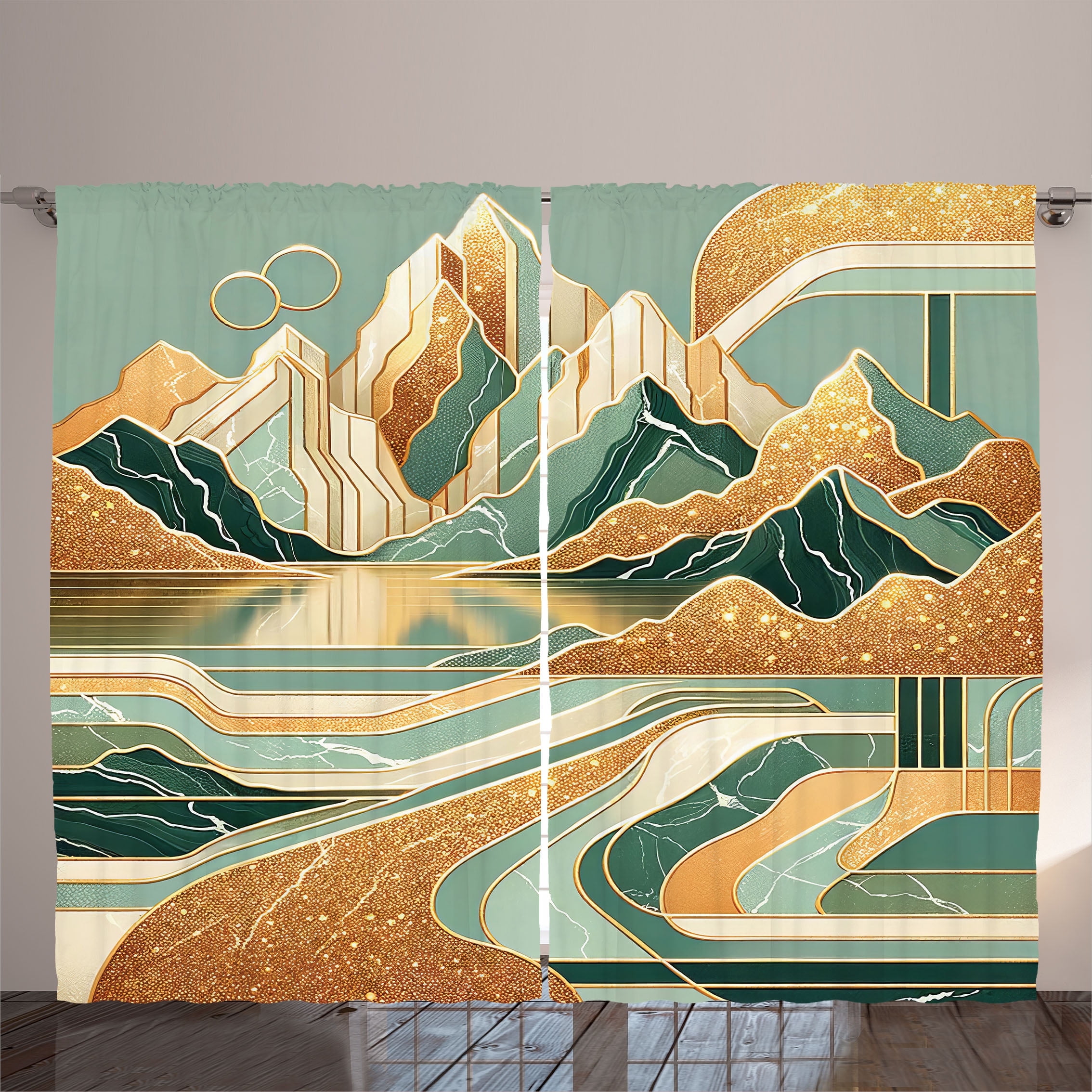 Amber Teal Burnt Orange Polyester Landscape Curtain Panel