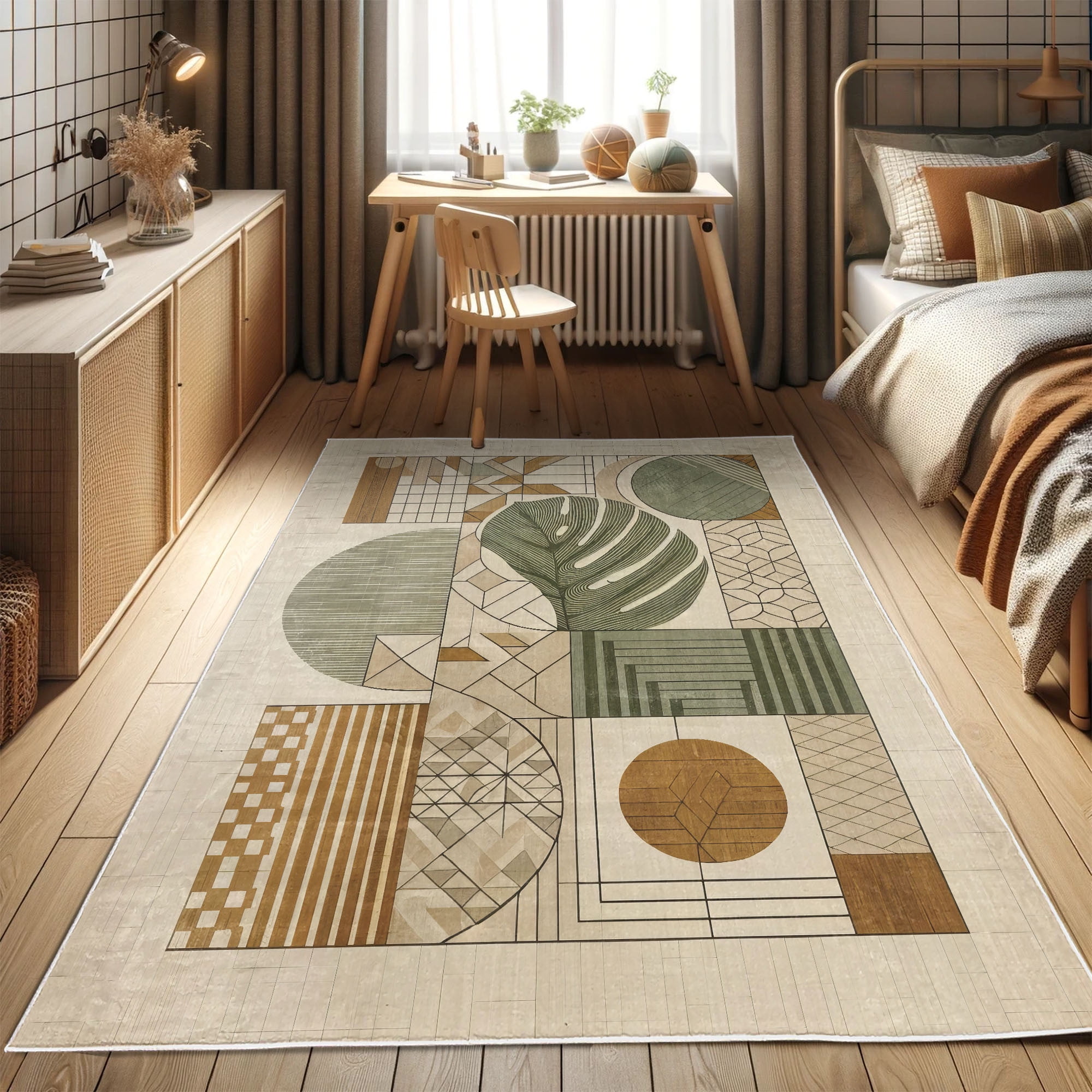 Geometric Green and Tan Synthetic Area Rug 2'3" x 3'9"