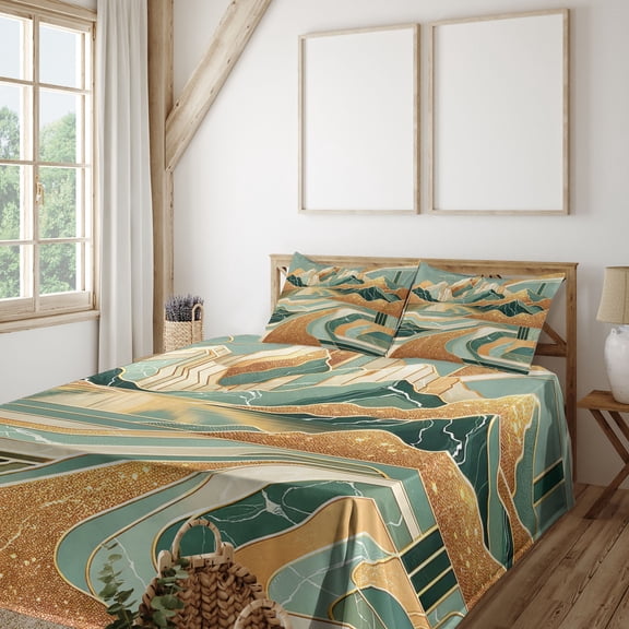 Ambesonne Mid Century Modern Boho Fitted & Top Sheet Set with Shams, Landscape, Amber Teal Burnt Orange