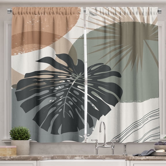 Ambesonne Mid Century Modern Boho Kitchen Curtains, Exotic Leaf, 55"x45", Almond Evergreen White