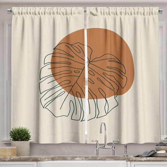 Ambesonne Mid Century Modern Boho Kitchen Curtains, Leaf Circle, 55"x24", Eggshell and Amber