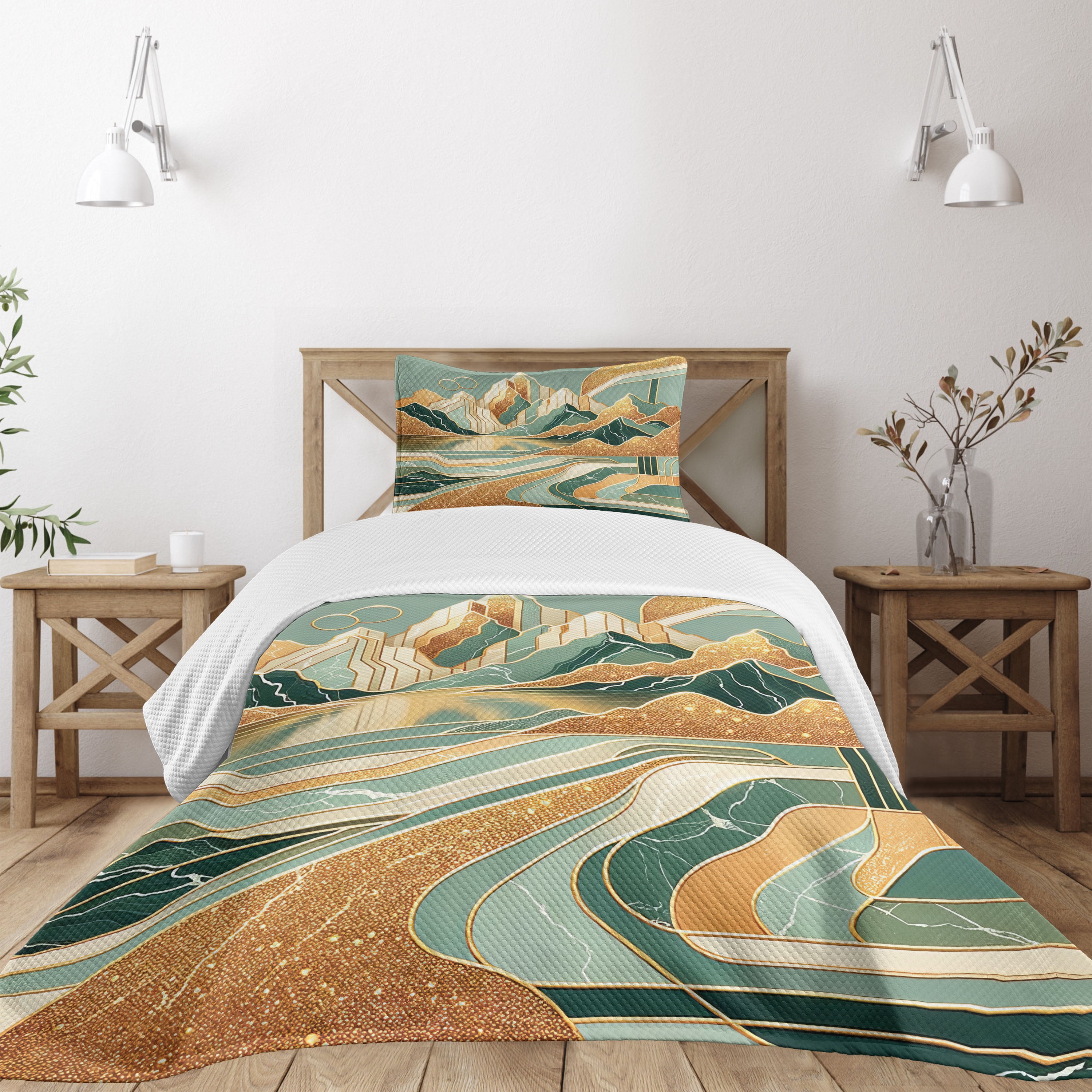Amber Teal Burnt Orange Twin Polyester Bedspread Set