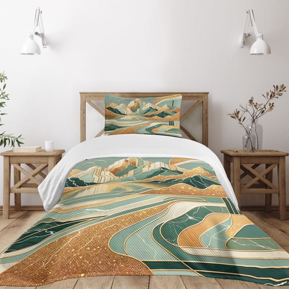 Ambesonne Mid Century Modern Boho Quilted Bedspread Set 2 Pcs, Landscape, Twin Size, Amber Teal Burnt Orange