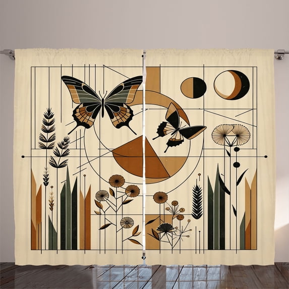 Ambesonne Mid Century Modern Curtains 2 Panel Set, Esoteric Rounds, 108" x 96", Grey Yellow Pale Brown