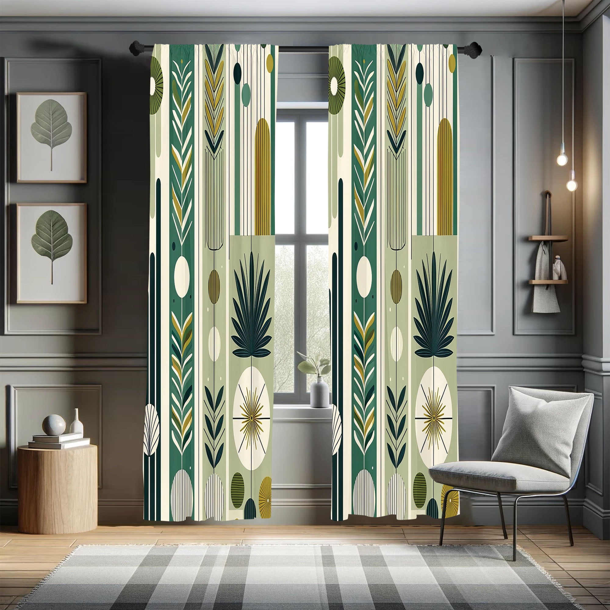 Fawn Teal Pale Green Mid Century Modern Room-Darkening Curtain Panels