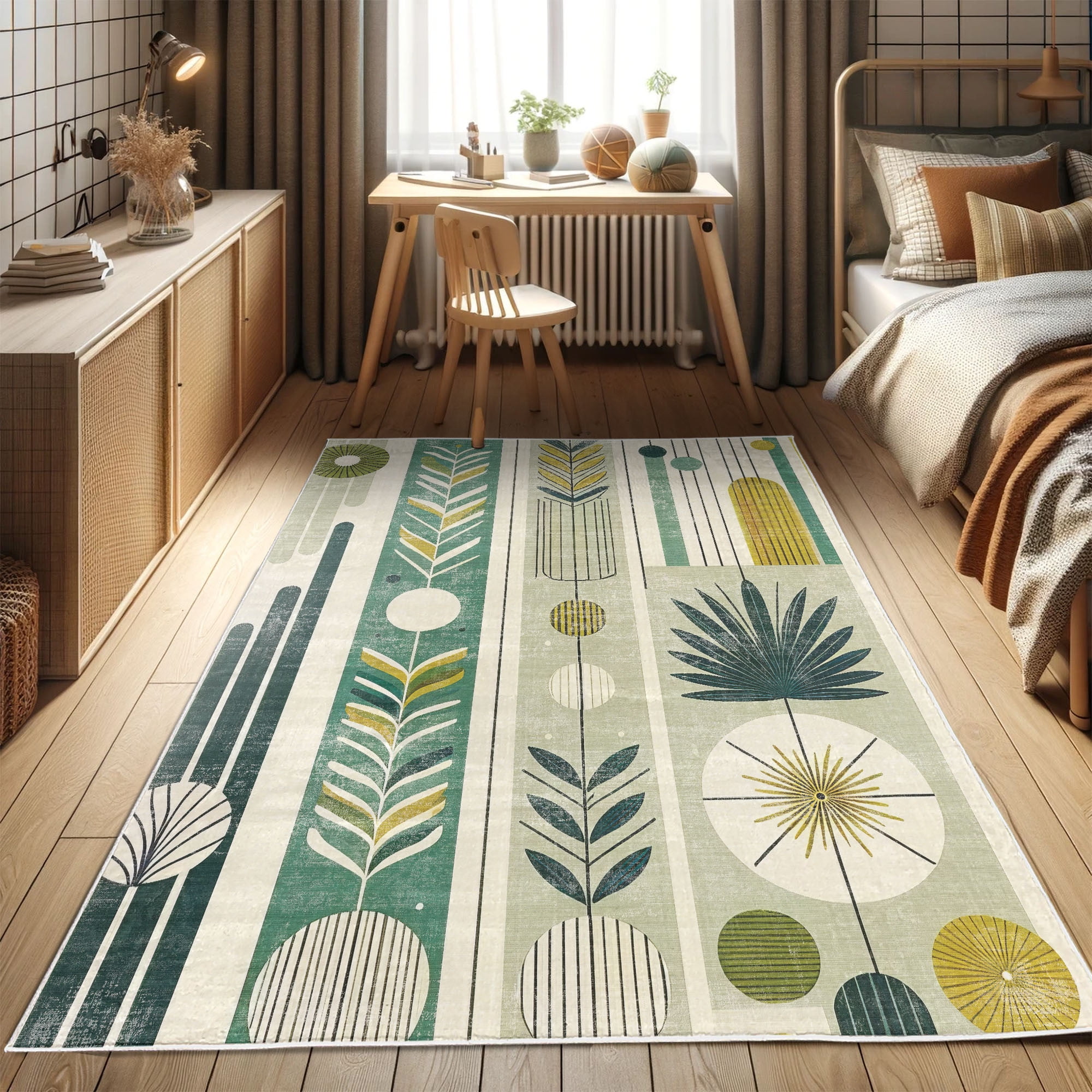Mid-Century Modern Blue and Green Synthetic Runner Rug