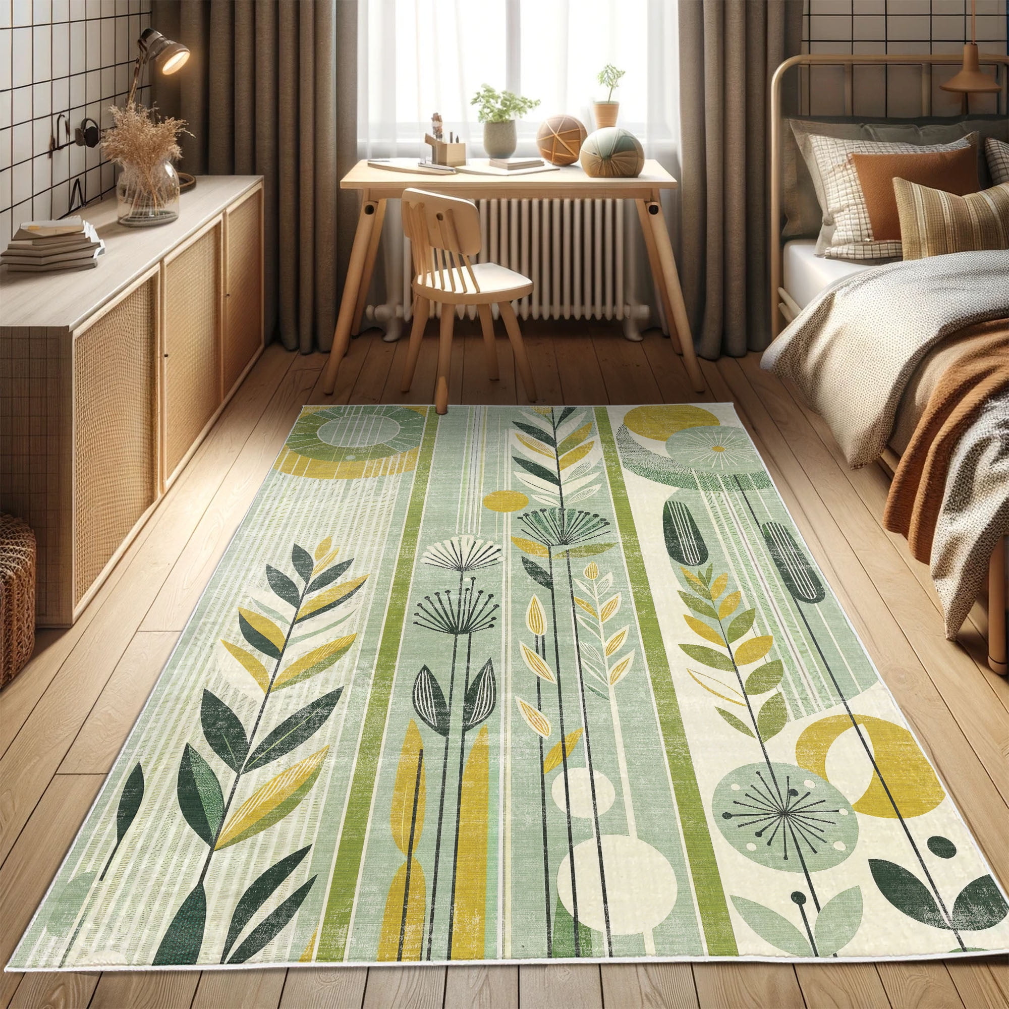 Mint Green and Mustard Floral Mid Century Modern Area Rug