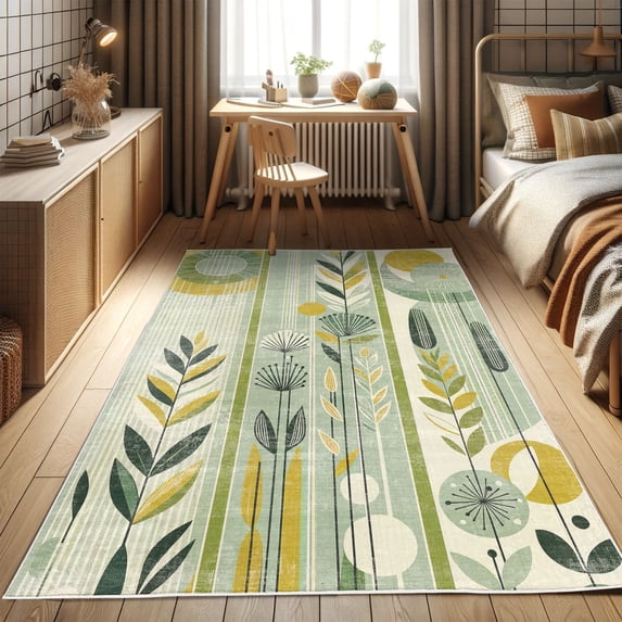 Ambesonne Mid Century Modern Decorative Rug Carpet, Retro Simplistic, 2' x 5', Mint Green and Mustard