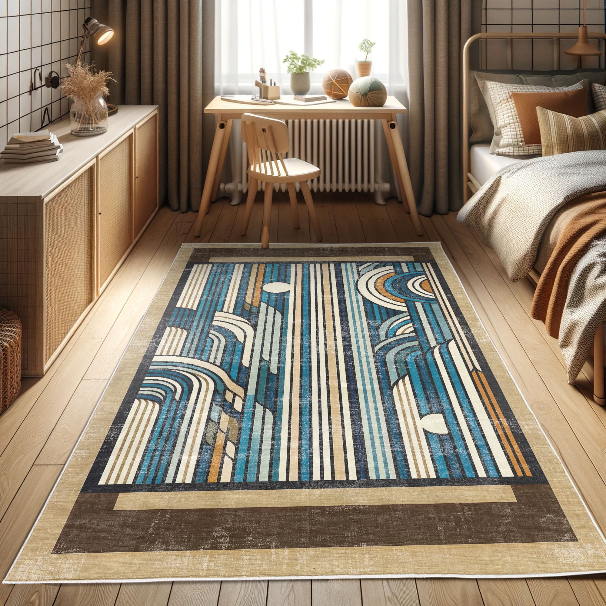 Mid Century Modern Blue and Brown Synthetic Runner Rug