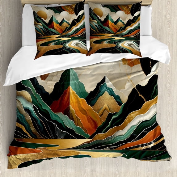 Ambesonne Mid Century Modern Duvet Cover Set, Groovy Mountains, Queen, Teal Pale Vermilion Pearl