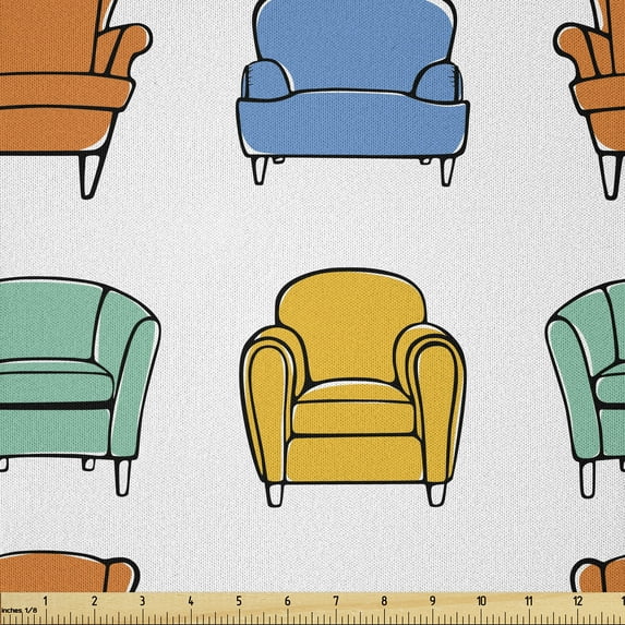 Ambesonne Mid-Century Modern Fabric by the Yard Microfiber, Sketch Armchairs, 5 Yards, Blue Mustard Orange