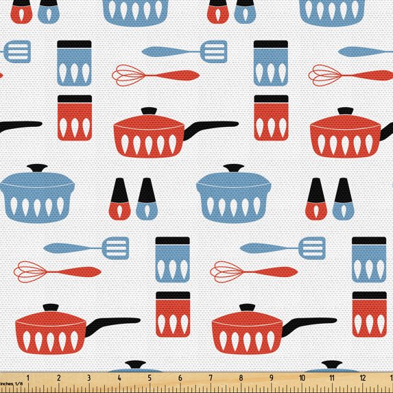 Ambesonne Mid-Century Modern Fabric by the Yard Upholstery, Retro Cuisine, 2 Yards, Blue Grey Vermilion
