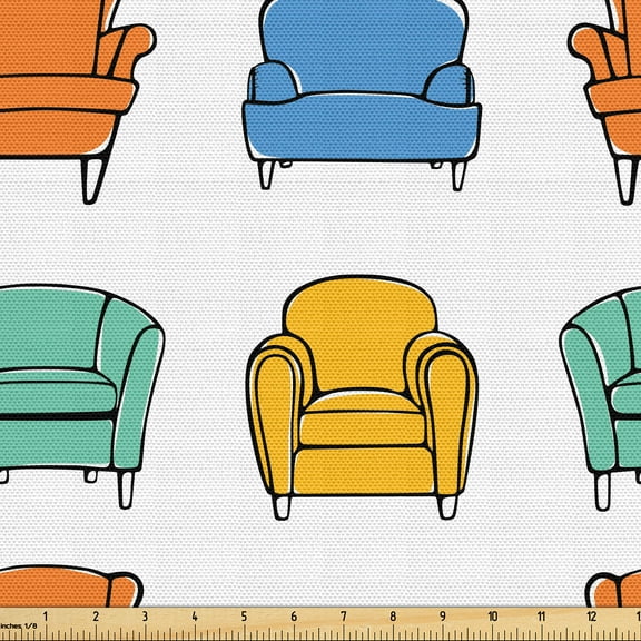 Ambesonne Mid-Century Modern Fabric by the Yard Upholstery, Sketch Armchairs, 1 Yard, Blue Mustard Orange