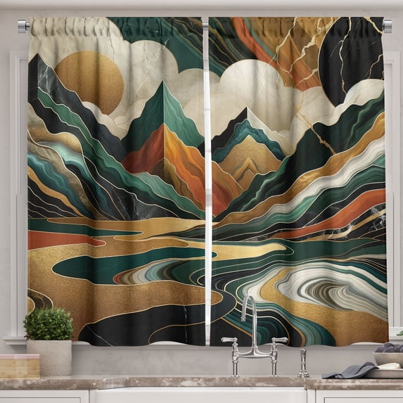 Ambesonne Mid Century Modern Kitchen Curtains, Groovy Mountains, 55"x24", Teal Pale Vermilion Pearl