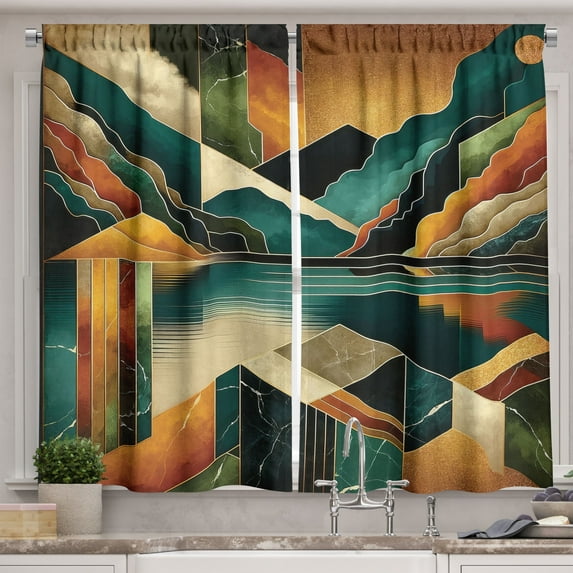 Ambesonne Mid Century Modern Kitchen Curtains, Lake Mountains, 55"x39", Ginger Dark Teal