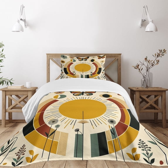 Ambesonne Mid Century Modern Quilted Bedspread Set 2 Pcs, Boho Sun Moth, Twin Size, Pale Coffee Eggshell