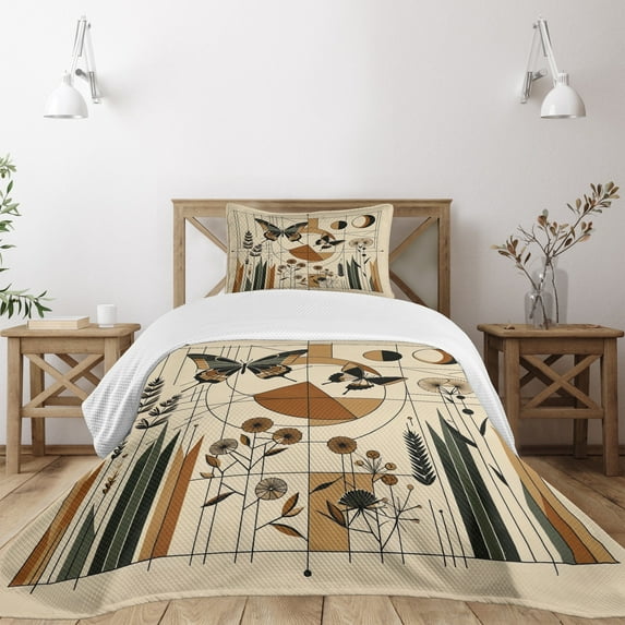 Ambesonne Mid Century Modern Quilted Bedspread Set 2 Pcs, Esoteric Rounds, Twin Size, Grey Yellow Pale Brown