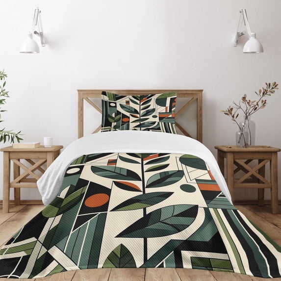 Ambesonne Mid Century Modern Quilted Bedspread Set 2 Pcs, Futurist Boho, Twin Size, Pale Reseda Green Grey