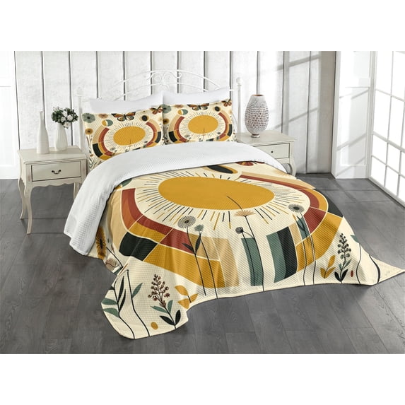 Ambesonne Mid Century Modern Quilted Bedspread Set 3 Pcs, Boho Sun Moth, King Size, Pale Coffee Eggshell