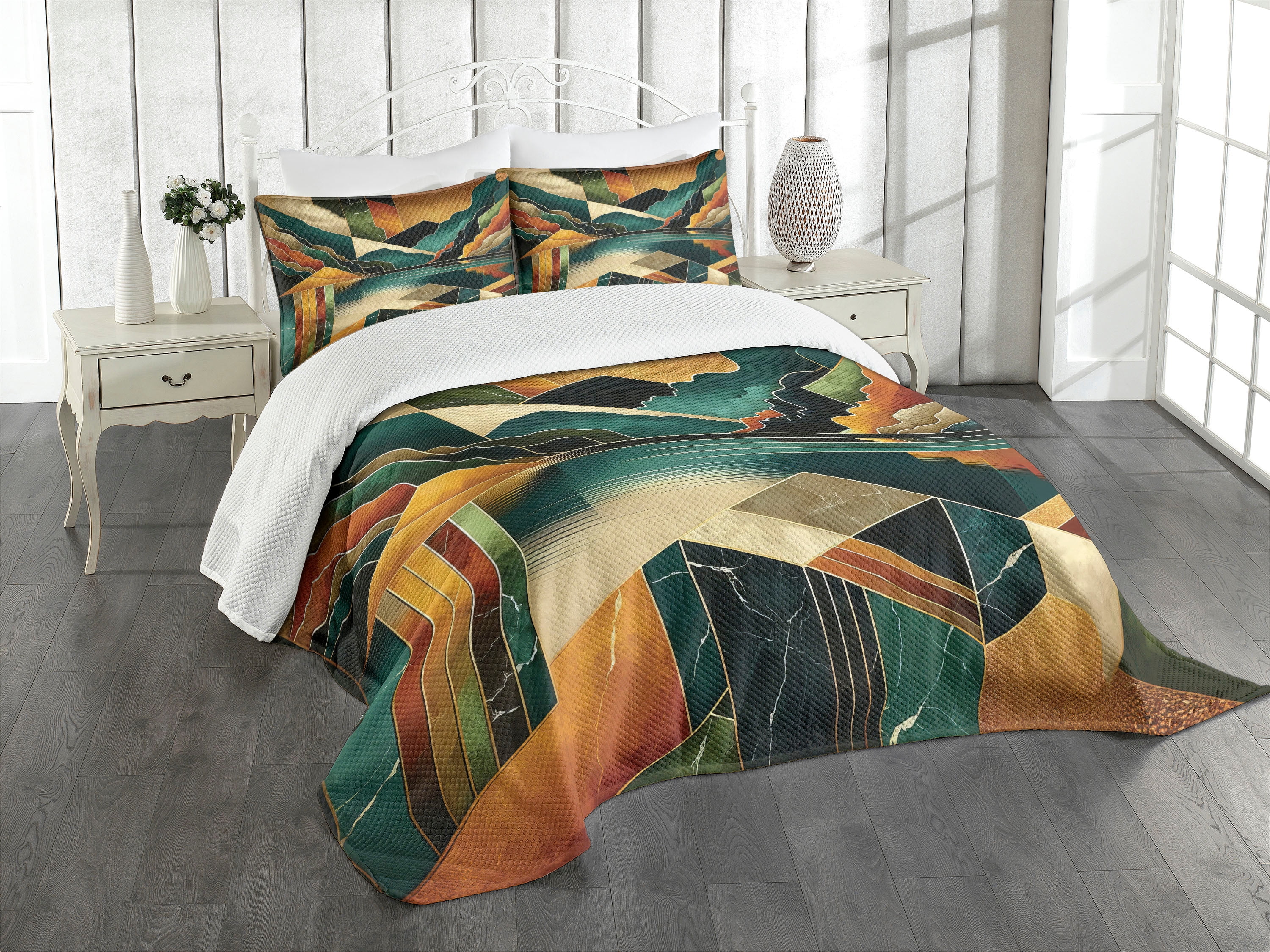 King Size Blue and Ginger Abstract Microfiber Bedspread Set