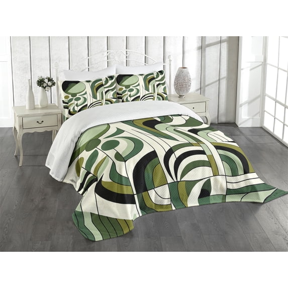 Ambesonne Mid Century Modern Quilted Bedspread Set 3 Pcs, Leafy Abstract, Queen Size, Pale Green Dark Grey