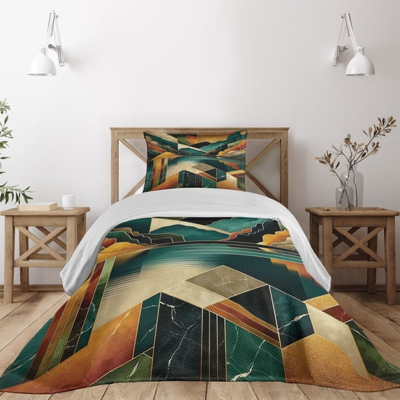 Ambesonne Mid Century Modern Quilted Coverlet 2 Pcs, Lake Mountains, Twin Size, Ginger Dark Teal