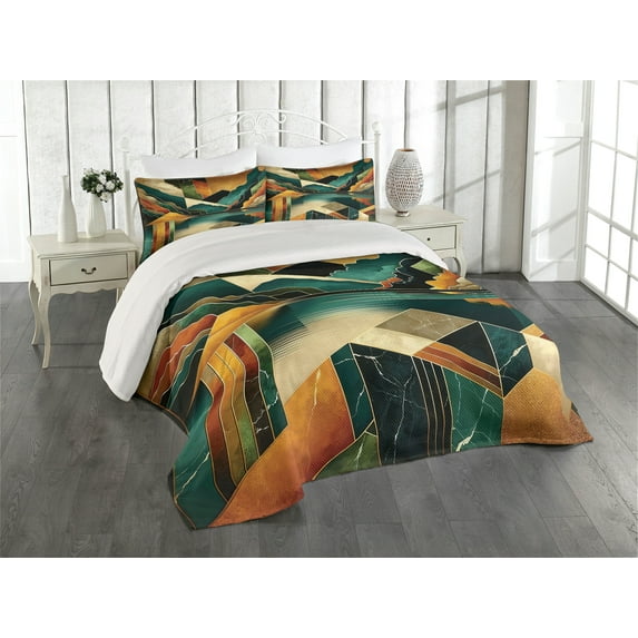 Ambesonne Mid Century Modern Quilted Coverlet 3 Pcs, Lake Mountains, Queen Size, Ginger Dark Teal
