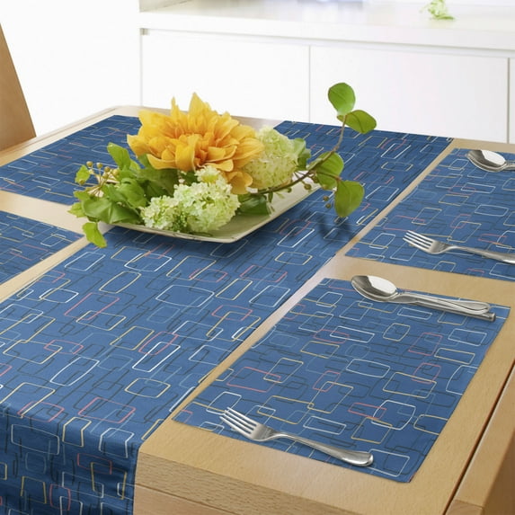 Ambesonne Mid-Century Modern Table Runner & Placemats, Retro Rectangles, Placemat 4 pcs + Runner 16"x72", Sea Blue Coral and Mustard