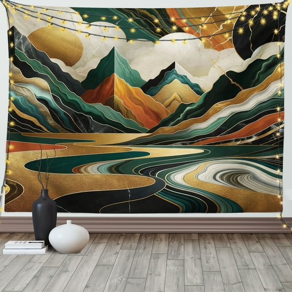 Ambesonne Mid Century Modern Tapestry Wall Hanging, Groovy Mountains, 60"x40", Teal Pale Vermilion Pearl